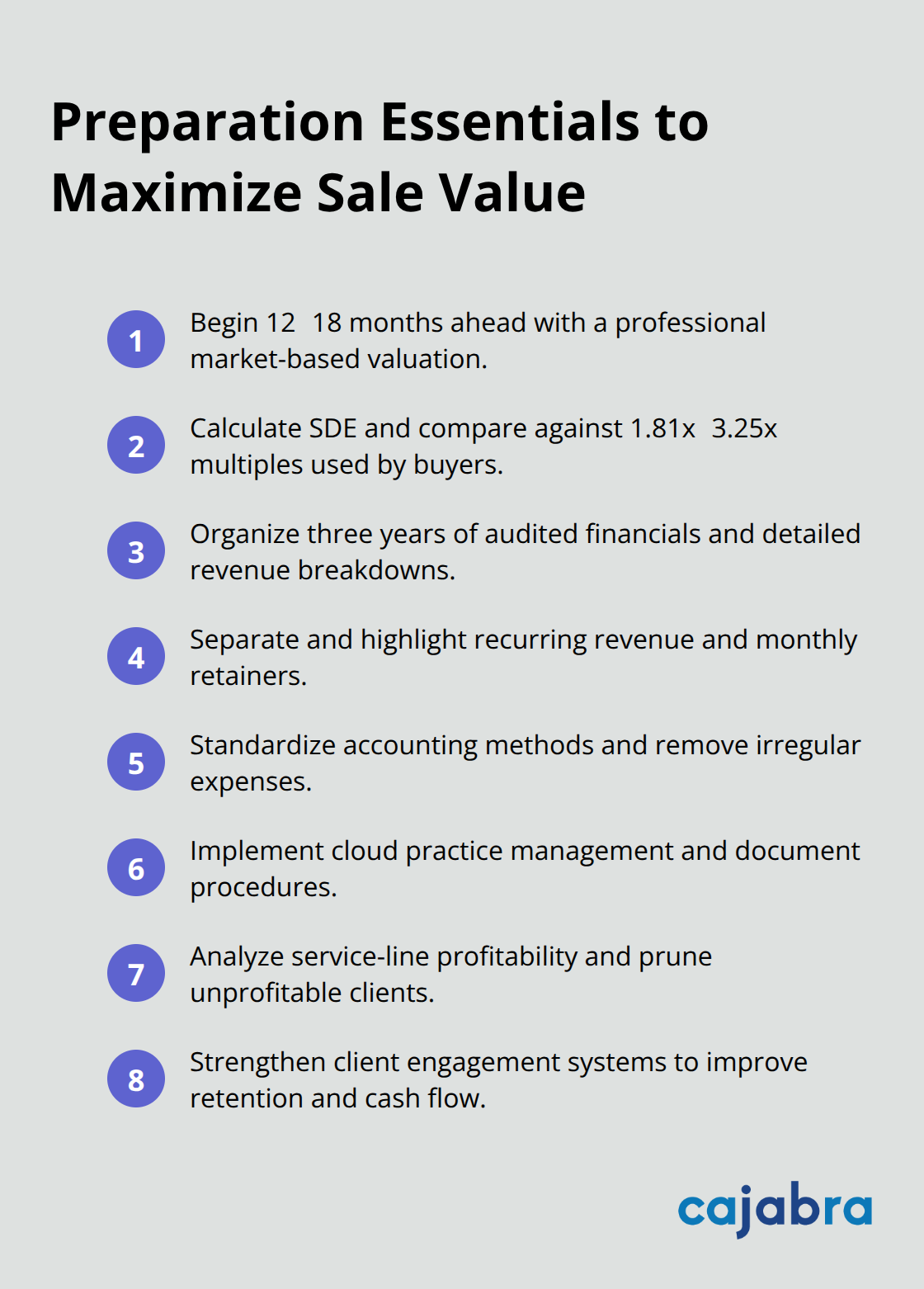 Checklist of key preparation steps to boost an accounting practices sale value in the U.S. - accounting practice sales