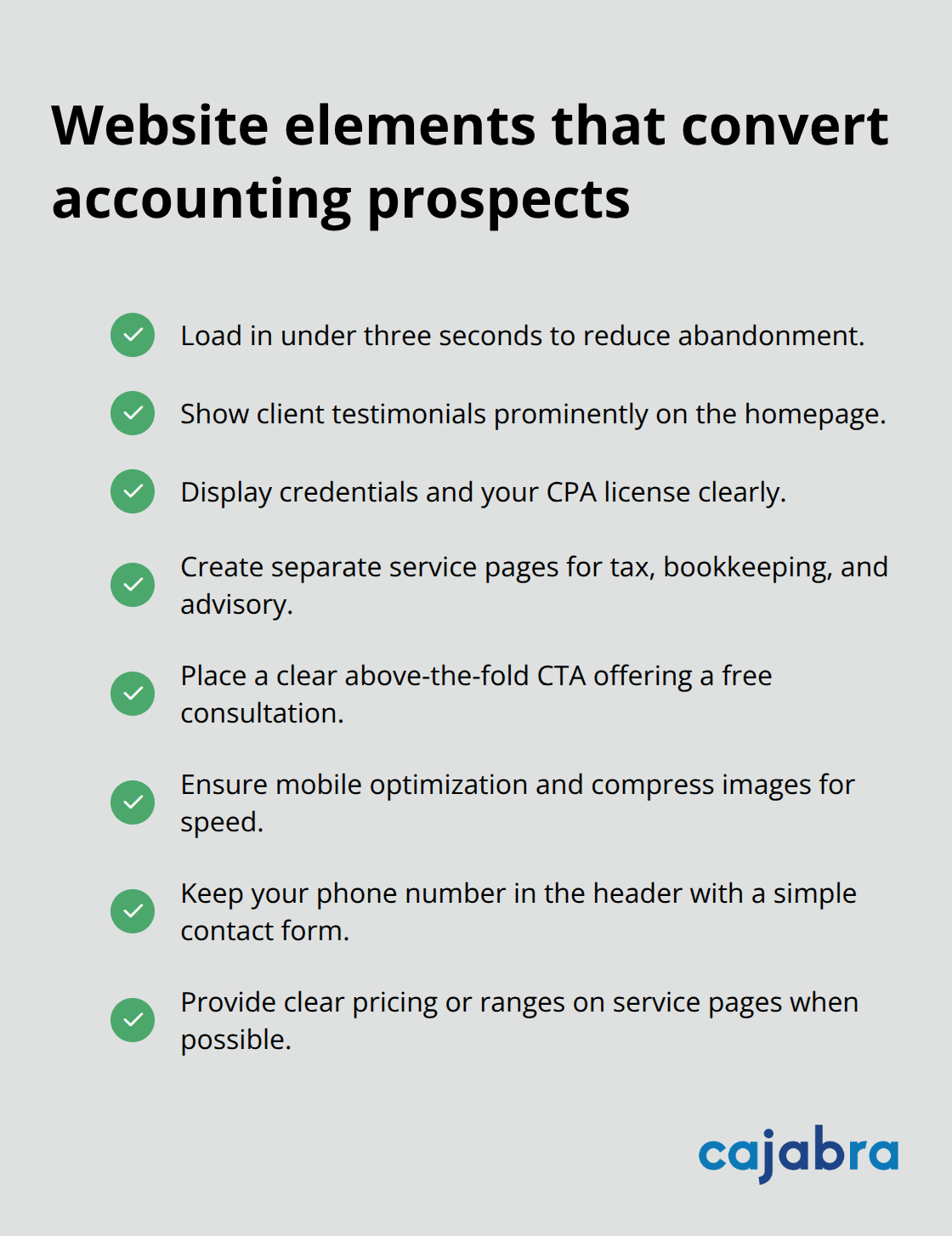 Checklist of high-impact website elements for U.S. accounting firms to boost conversions