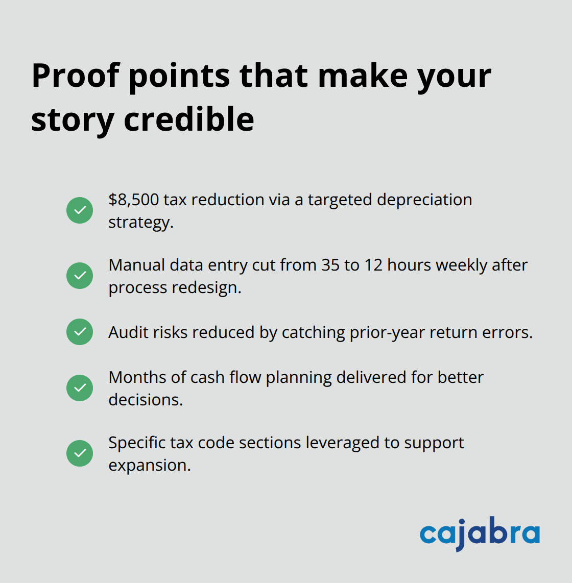 Checklist of measurable client outcomes that validate an accounting firm’s narrative - brand storytelling